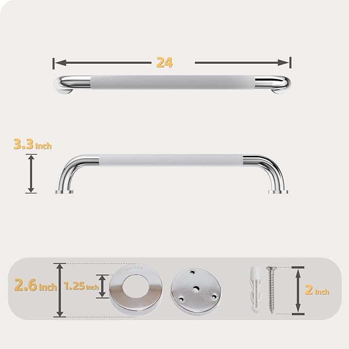 Shower Grab Bar, 24 Inch Bathroom Grab Bar Handle with Anti-Slip Knurled Grip, Stainless Steel Bath Balance Bar, 1.25" Diameter Bath Safety Bar Support for Seniors Pregnant, Polished Chrome- 2 Pack