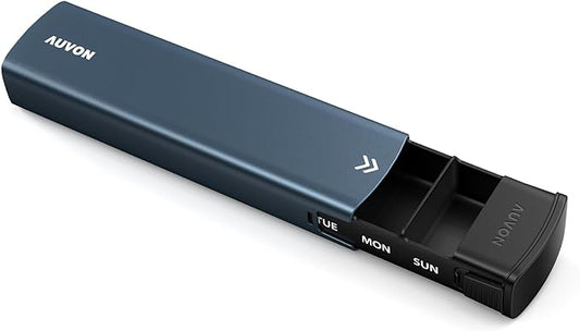 AUVON Metal Weekly Pill Organizer with Slide Design, Stylish Travel Pill Box 7 Day for Privacy Protection, Aluminum Alloy Pill Case with Large Compartment for Supplements, Fish Oil (Dark Blue)