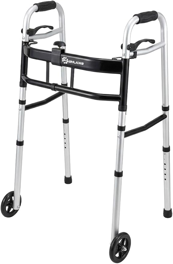 WHLICKS Folding Walkers for Seniors, Lightweight Aluminum Walker with 5'' Front Wheels and 2 Skis, Height Adjustable Standard Walker for Elderly and Disabled, Stable Frame up to 350 lbs