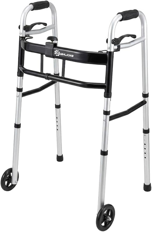 WHLICKS Folding Walkers for Seniors, Lightweight Aluminum Walker with 5'' Front Wheels and 2 Skis, Height Adjustable Standard Walker for Elderly and Disabled, Stable Frame up to 350 lbs