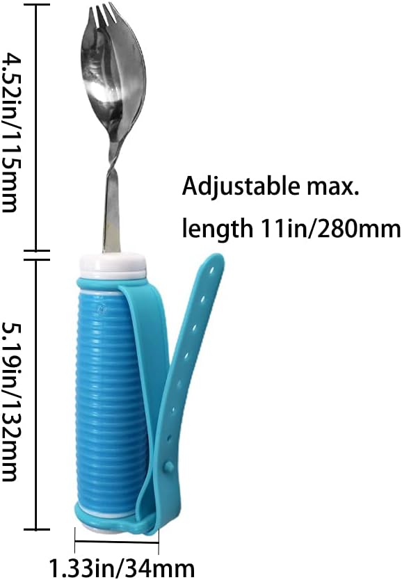 Flexible Stainless Steel Sporks Fork and Spoon All-in-One with Adjustable Silicone Strap 360 Degree Rotatable Dining Utensils Eating Aids for Disabled Patient Elder Arthritis People Handicapped