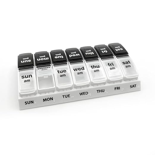 EZY DOSE Weekly (7-Day) Daily AM/PM Pill Case, Medicine Planner, Vitamin Organizer, Supplement Container, Large Pop-Out Compartments, Designed for Travel 2 Times a Day, Black and White Lids