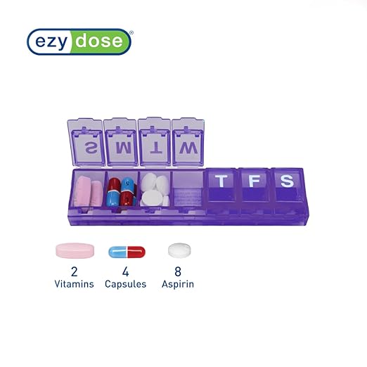 EZY DOSE Weekly (7-Day) Pill Case, Medicine Planner, Vitamin Organizer, Small Locking Compartments to Secure Prescription Medication and Prevent Accidental Spilling, Color May Vary, BPA Free