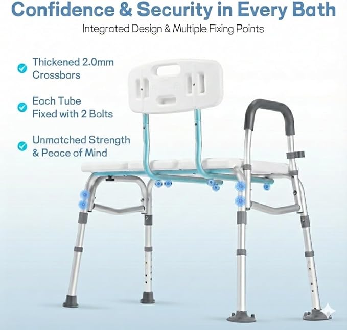 500lb Heavy Duty Shower Bench, Tool-Free Tub Transfer Bench with Arms & Back, Height Adjustable Handicap Shower Seat, Non-Slip Bath Safety Chair for Elderly & Surgery Recovery