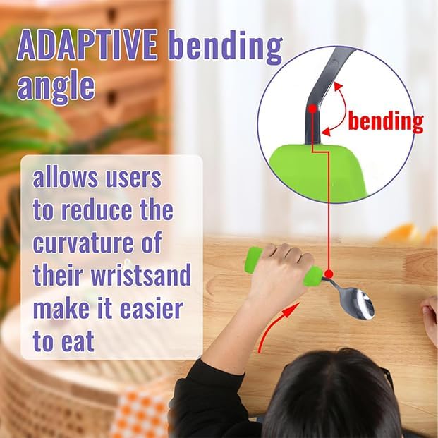Adaptive Utensils Angled Spoon and Fork for Hand Tremors Parkinsons,Weighted Utensils with Non-Slip Easy Grip Handles for Independent Eating (1pcs Spoon+1pcs Fork=2 pcs,Green,Left Hand)