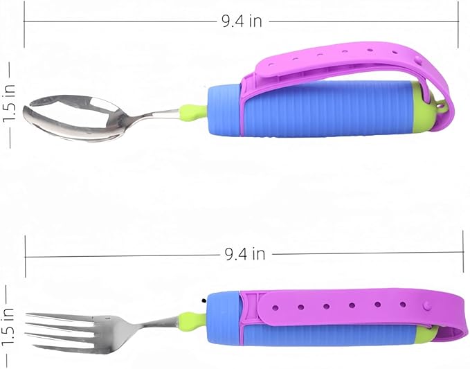 Bendable Adaptive Utensils Spoons Forks Set,Left and Right Handed, for Hand Tremors & Muscle Weakness,Arthritis,Stroke,Parkinson,360 Degree Rotation Weighted Rubber Strap,Eating & Drinking Aids