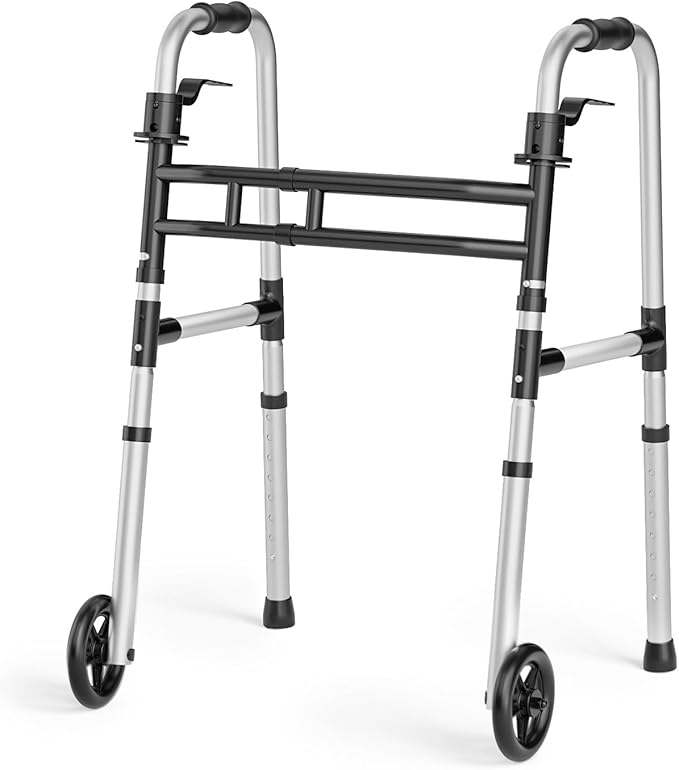 Loyoda Folding Walkers for Seniors，Medical Bariatric Walker Lightweight 5'' Front Wheel Walker Height and Width Adjustable Aluminum Standard Walker for Handicap