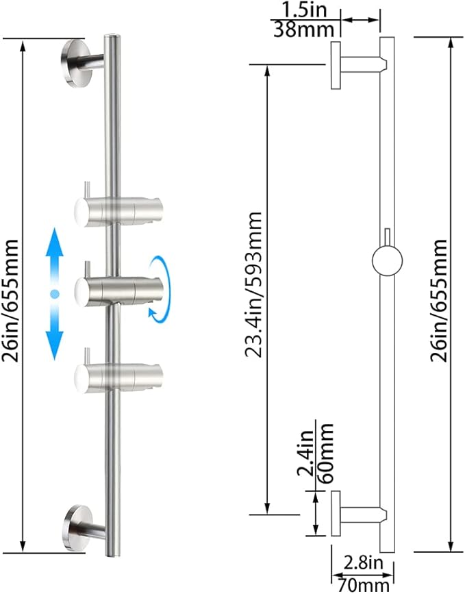 SKOWLL Bathroom Shower Head Slide Bar Wall Mount 26 Inch Shower Slide Bar No Drill, Brushed Nickel Sliding Shower Bar with Adjustable Handheld Shower Head Holder