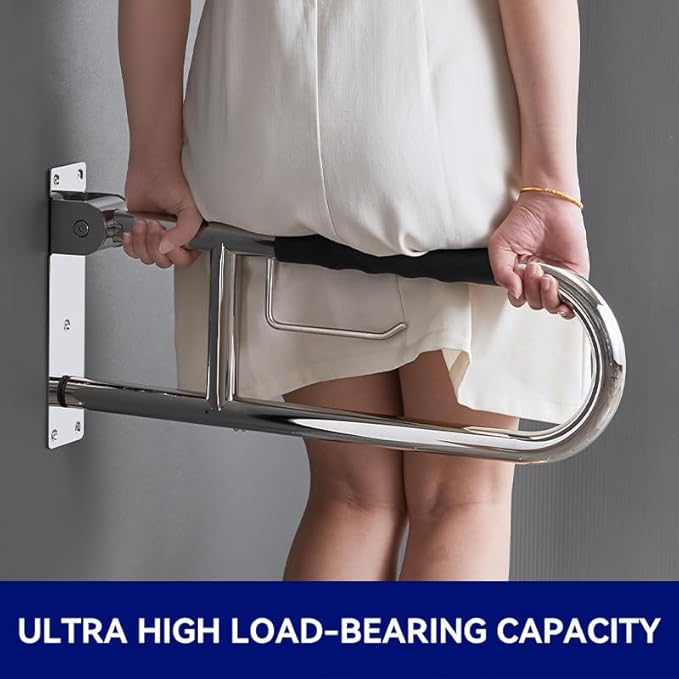 Toilet Grab Bar 23.6 Inch, BVTOURA Flip-Up Safety Rail with Soft Silicone Anti-Slip Finger-Grip Handle and Paper Holder, Stainless Steel U-Shaped Support Bar for Elderly Disabled, Polished Chrome
