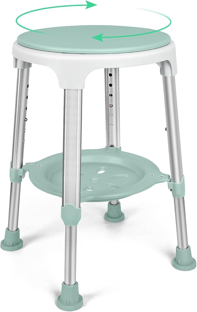 Swivel Shower Stool 350lbs, Tool-Free Assembly Adjustable Shower Seat Bathroom Stool with Storage Tray & Anti-Slip Rubber Tips for Safety and Stability