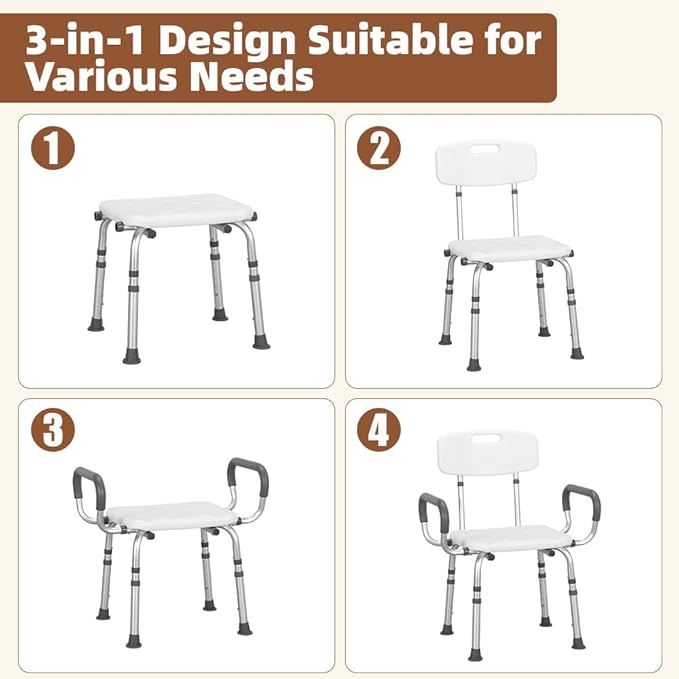 Adjustable-Height Shower Chair for Seniors Features a Sturdy Aluminum Frame, Non-Slip Surface, Drainage Holes, 3 in-1easy Installation, and Supports up to 350 lbs