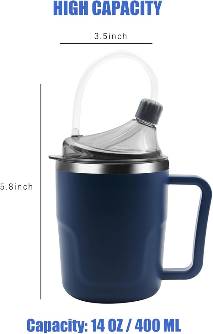Adult Spill Proof Cup for Elderly, 3 in 1 Stainless Steel Sippy Cup with Straw and 2 Lids, Suitable for Seniors Disabled Patients Limited Mobility, 14 OZ