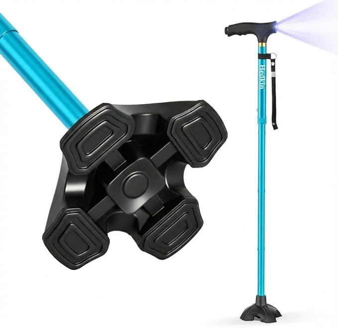 Walking Cane with LED Light, Foldable,Adjustable, Self Standing Walking Canes for Men & Women,Walking Sticks with Quad Base for Seniors & Adults