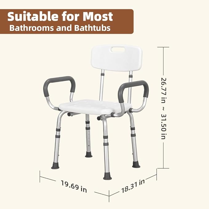 Adjustable-Height Shower Chair for Seniors Features a Sturdy Aluminum Frame, Non-Slip Surface, Drainage Holes, 3 in-1easy Installation, and Supports up to 350 lbs
