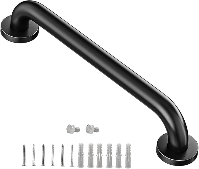 One Pack 12 Inch Matte Black Shower Grab Bar Stainless Steel Safety Hand Rail Support for Showers Bathroom Balance Bar Safety Hand Rail Handicap Bath Handle Senior Assist Bar Home Care Bath Handrail