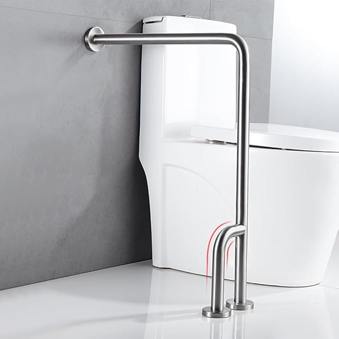 Shower Handicap Grab Bars for Bathroom Wall, Curved Stainless Steel Toilet Grab Bar Toilet with Legs,Wall Mounted Floor-Standing Safety Handrail, Support Handle for Seniors Disabled, 55×70cm Left