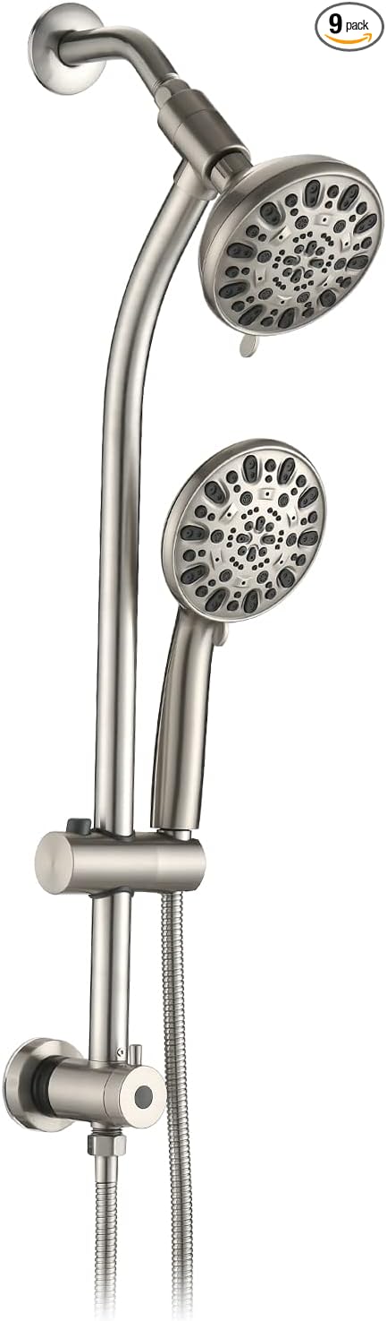 High Pressure 48-Settings Shower Head with Handheld Shower,Drill-Free 3-Way Diverter for Easy Reach,Adjustable Height Slide Bar Dual Shower Head Combo Set - Brushed Nickel