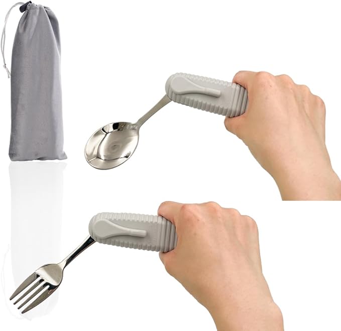 Pekokavo Adaptive Utensils Set, Angle Adjustable Arthritis Aid Silverware for Parkinsons, Hand Tremors, with Non-Slip Easy Grip Handle (2 Count (Spoon + Fork))