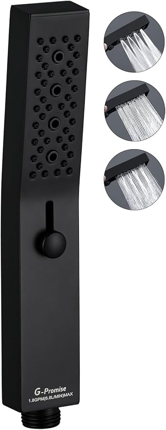 G-Promise All Metal Square 3 Function Handheld Shower Head, Easy and Quick Switch to Massage Mode, Bathroom Shower Wand Design Exquisite Luxury, 2.5 GPM, Matte Black