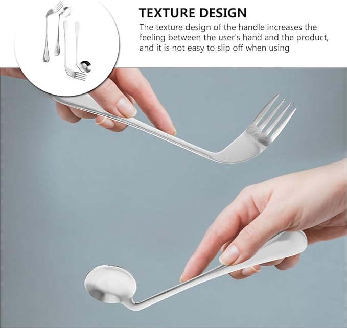 Adaptive Utensils Set - Curved Stainless Steel Spoon and Fork for Elderly, Adults with Tremors, Comfortable Angled Handle Design for Easy Feeding at Home (4pcs)