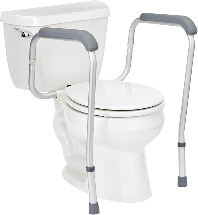 Foldable Toilet Safety Rail with Adjustable Height – Universal Fit for Standard or Elevated Seats – Aluminum Frame, Width Adjustable Armrests, Easy Install Over Toilet – Retail Box