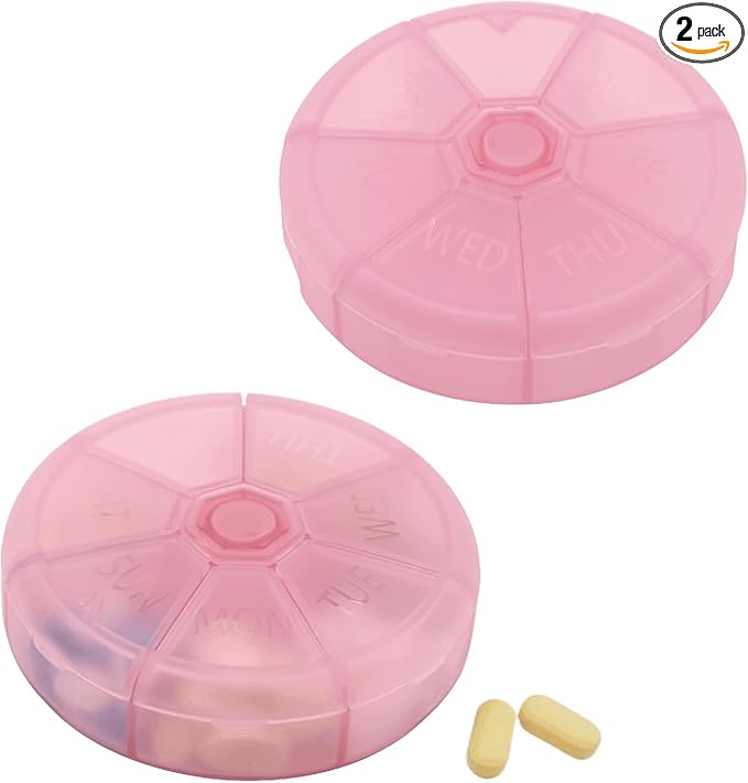 Portable Weekly Pill Organizer (Pack of 2) 7 Day Container,Round Case Travel Friendly,Daily Week Pill Reminder,Vitamin,Supplement,Fish Oil,Medication Planner (Pink)