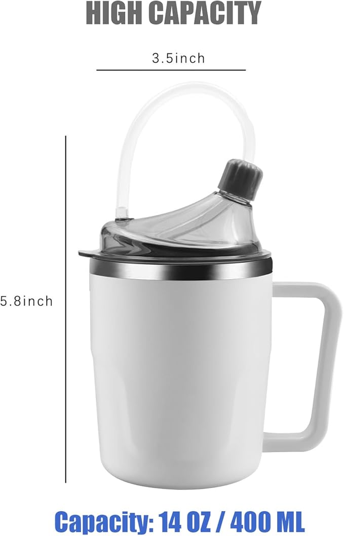 Adult Spill Proof Cup for Elderly, 3 in 1 Stainless Steel Sippy Cup with Straw and 2 Lids, Suitable for Seniors Disabled Patients Limited Mobility, 14 OZ