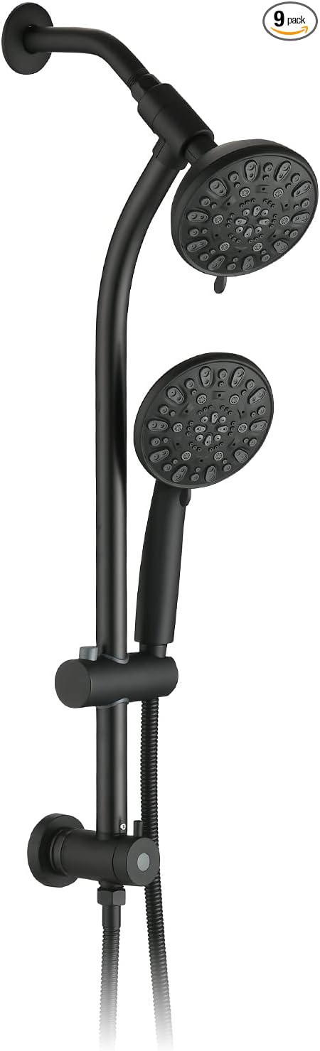High Pressure 48-Settings Shower Head with Handheld Shower,Drill-Free 3-Way Diverter for Easy Reach,Adjustable Height Slide Bar Dual Shower Head Combo Set - Matte Black
