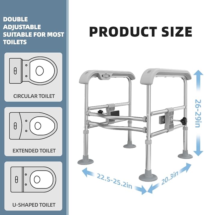 Toilet Safety Rail for Seniors with Sensor Light - Heavy Duty 300 Lbs, Universal Fit, Non-Slip Standing Aid, Included Storage Bag (Blue-Grey)