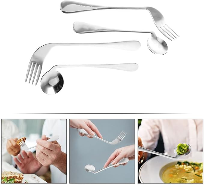 Adaptive Utensils Set - Curved Stainless Steel Spoon and Fork for Elderly, Adults with Tremors, Comfortable Angled Handle Design for Easy Feeding at Home (4pcs)