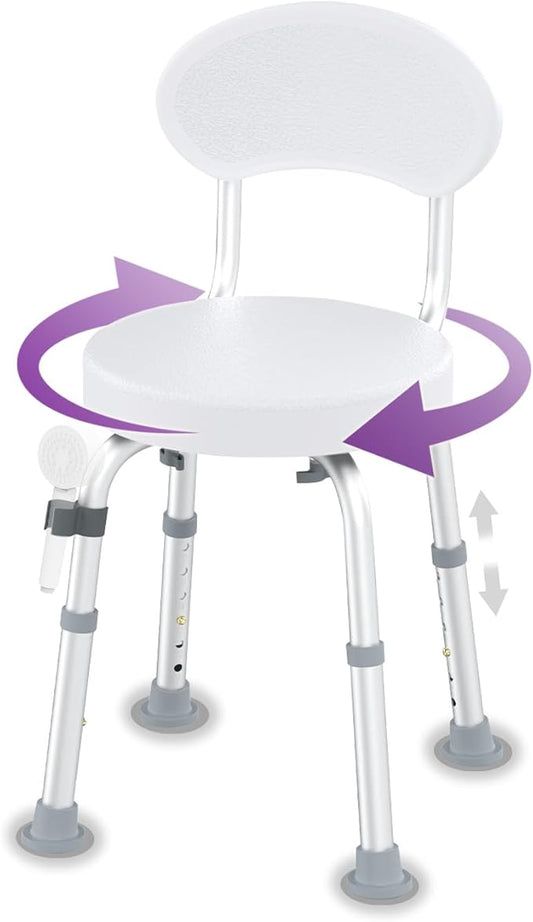 Swivel Shower Chair, 360° Non-Slip Shower Seat with Backrest for Elderly and Disabled, Height Adjustable Rotating Tub Bench for Seniors Bathroom Inside Shower with Compact Frame (White)