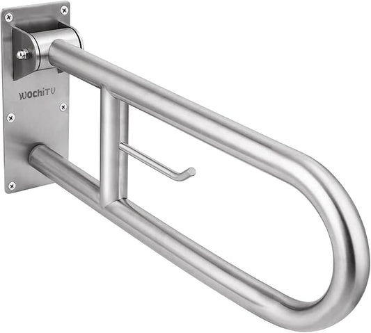 23.6 INCH Stainless Toilet Safety Rails, WochiTV Handicap Grab Bars for Elderly, Disabled Flip-Up Bathroom Grab Bar with Paper Holder,Toilet Handrails Hand Grips Handle Shower Assist Aid