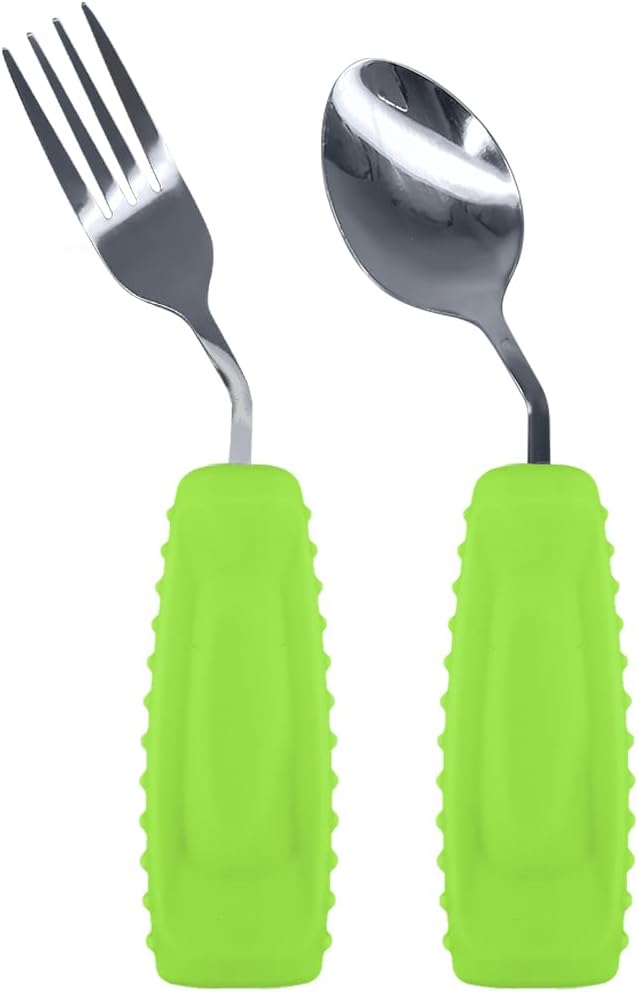 Adaptive Utensils Set – Ergonomic Angled Fork & Spoon for Parkinson's, Tremors, and Stroke Recovery – Weighted Utensils for Hand Tremors, Non-Slip Silicone Grip, Dishwasher Safe