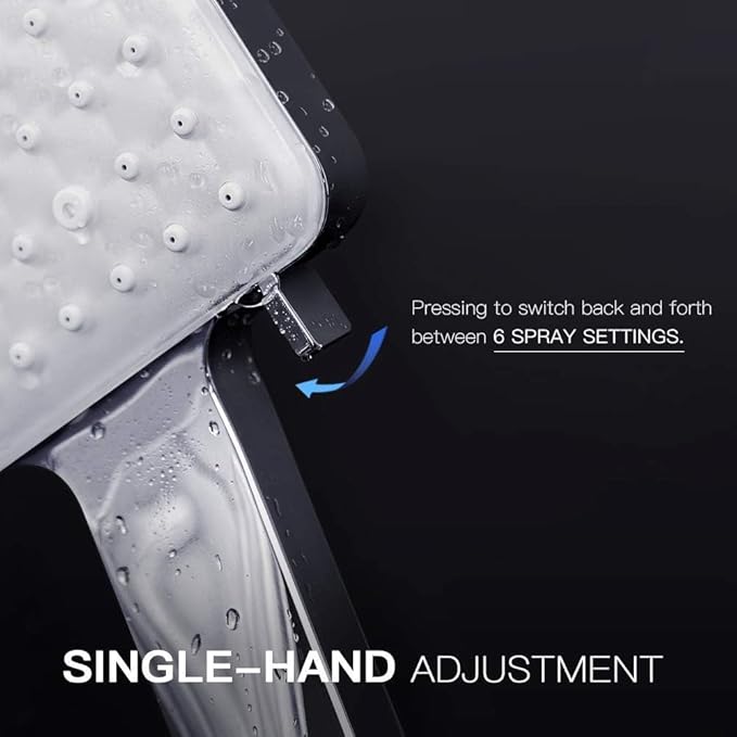 Newentor® Handheld High Pressure 6 Spray Modes/Settings Detachable Chrome Finish Square Shower Head with Stainless Steel Hose and Multi-Angle Adjustable Shower Stand