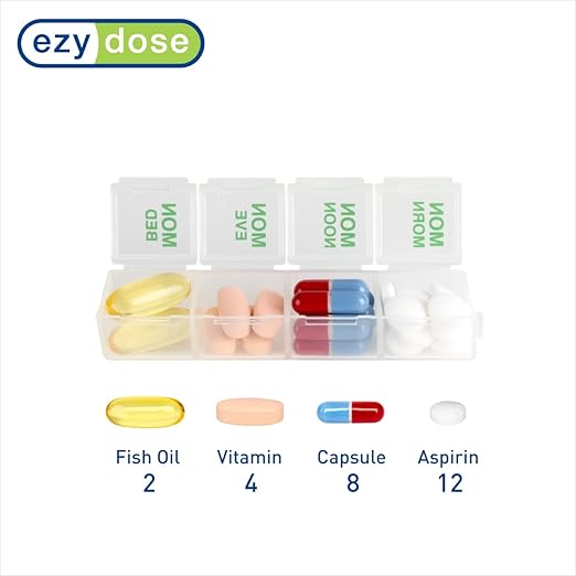 EZY DOSE Weekly (7 Day) 4 Times a Day Push Button Pill Organizer and Vitamin Planner, Removable Daily Pillboxes, Green, Convenient and Easy to Use, Clear Lids, Large, BPA Free