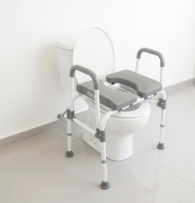 KMINA Raised Toilet Seat with Handles, 400 lbs Toilet Seat Risers for Seniors, Adjustable Height & Width, Comfort PU Foam Seat, Fit Any Toilet, Patented, Made in Europe