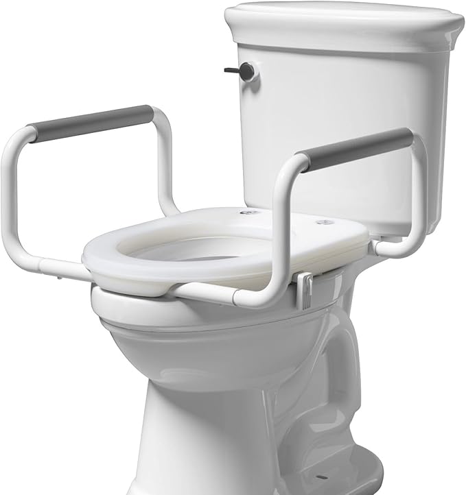R&T 2" Toilet Seat Riser with Handles – Comfortable Raised Toilet Seat for Seniors, Fits for Elongated Toilets, Elevated Seat with Soft Grey Padded Arms for Bathroom