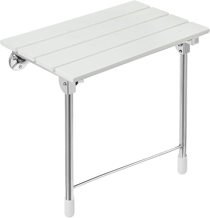 Folding Shower Seat Wall Mounted with Legs, Foldable Shower Chair for Inside Shower, Fold Down Shower Bench for Seniors (White, Fixed Height Plus)