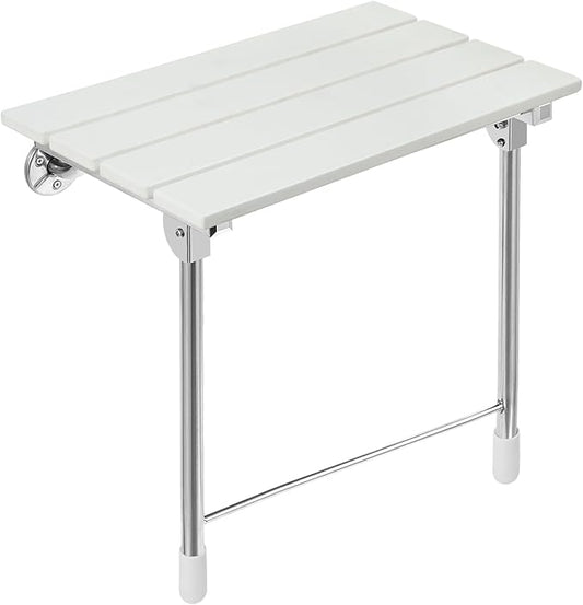 Folding Shower Seat Wall Mounted with Legs, Foldable Shower Chair for Inside Shower, Fold Down Shower Bench for Seniors (White, Fixed Height Plus)