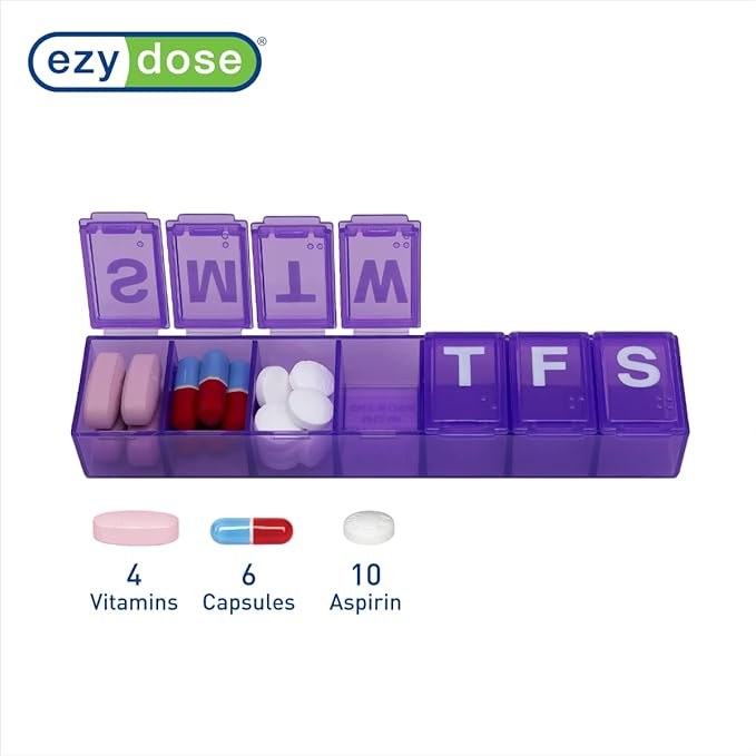 EZY DOSE Weekly (7-Day) Pill Organizer, Medicine Planner, Vitamin Storage Box, Convenient and Easy to Use, Medium Compartments, Case for Supplements and Fish Oils, Travel Friendly, Purple, BPA Free