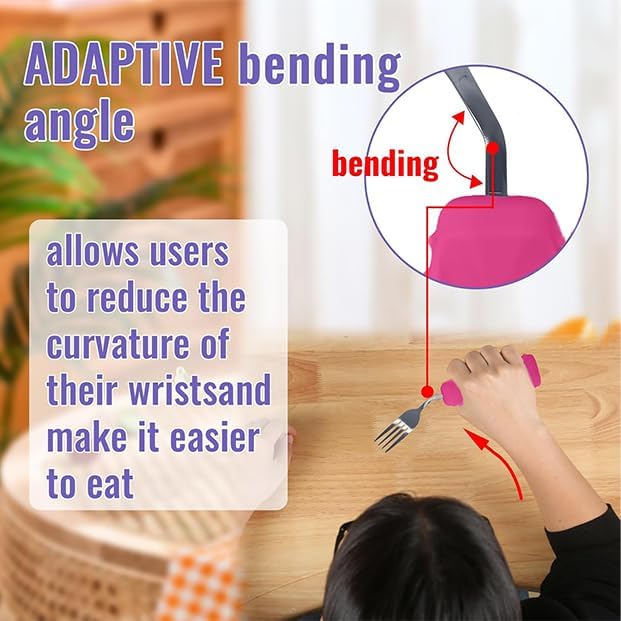 Adaptive Utensils Angled Spoon and Fork for Hand Tremors Parkinsons,Weighted Utensils with Non-Slip Easy Grip Handles for Independent Eating (1pcs Spoon+1pcs Fork=2 pcs,Pink,Right Hand)