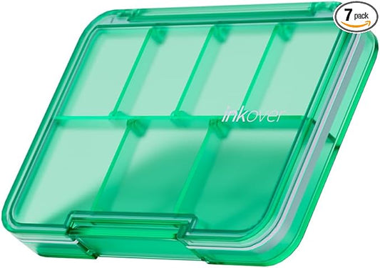 Small Pill Organizer, Waterproof & Portable Pill Case for Daily Travel - Adjustable 7 Compartments Compact Medicine Holder for Vitamins, Pills, Perfect for Purse or Pocket (Green)