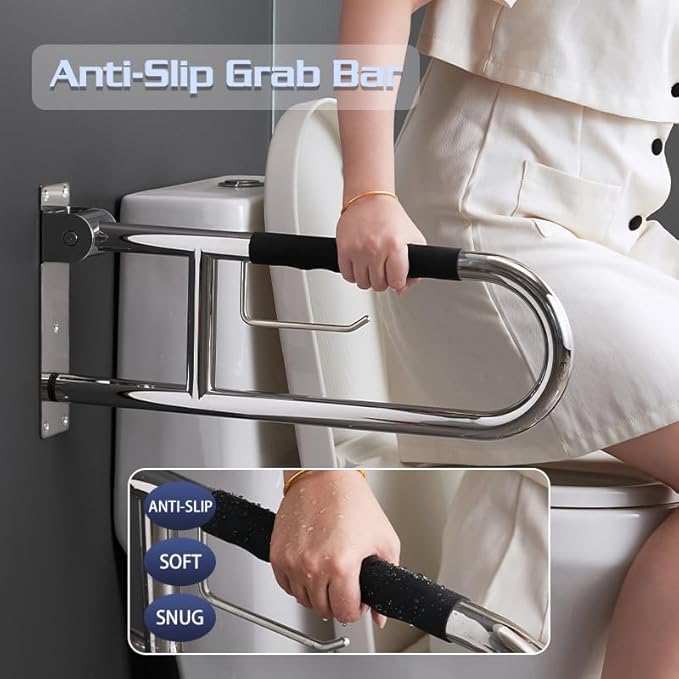 Toilet Grab Bar 23.6 Inch, BVTOURA Flip-Up Safety Rail with Soft Silicone Anti-Slip Finger-Grip Handle and Paper Holder, Stainless Steel U-Shaped Support Bar for Elderly Disabled, Polished Chrome