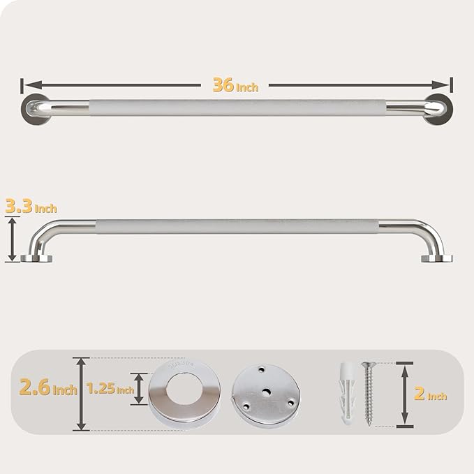 36 Inch Shower Grab Bar, Bathroom Grab Bar Handle with Anti-Slip Knurled Grip, Stainless Steel Bath Balance Bar, 1.25" Diameter Bath Safety Bar Support for Seniors Elderly Pregnant, Polishes Chrome