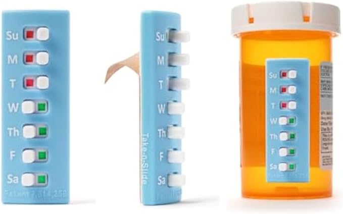 TAKE-N-SLIDE Peel and Stick Reusable for 12 + Refills, Pill/Medication/Vitamin/Pet Med Tracker & Reminder, Attach to Your Bottle, Organizer-Free, Curved‑Back (Blue, 5-Pack)