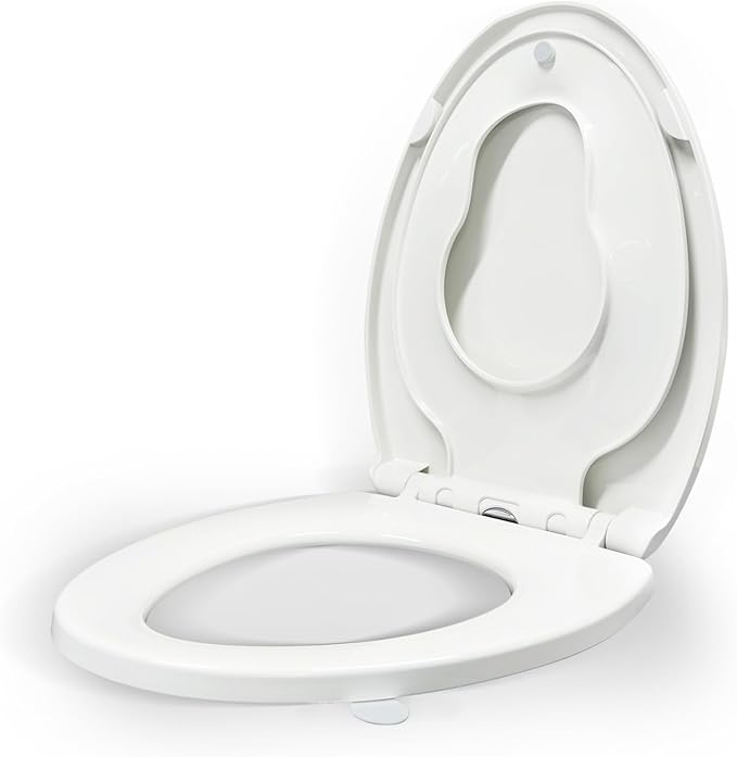 KHE Elongated Toilet Seat with Child Seat 18.5 Inch, Soft Close Toilet Seat with No-Touch Handle, Quick Release, Non-Slip, Durable PP, White