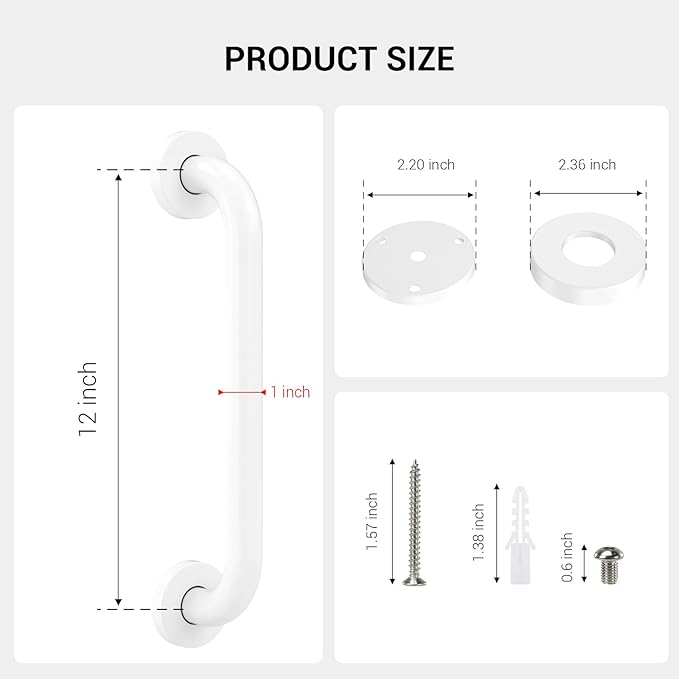 12 Inch Grab Bars for Wall White, Safety Shower Grab Bars for Seniors Elderly Handicapped, Handicap Grab Bars for Shower with Concealed Screws, Tesuchan