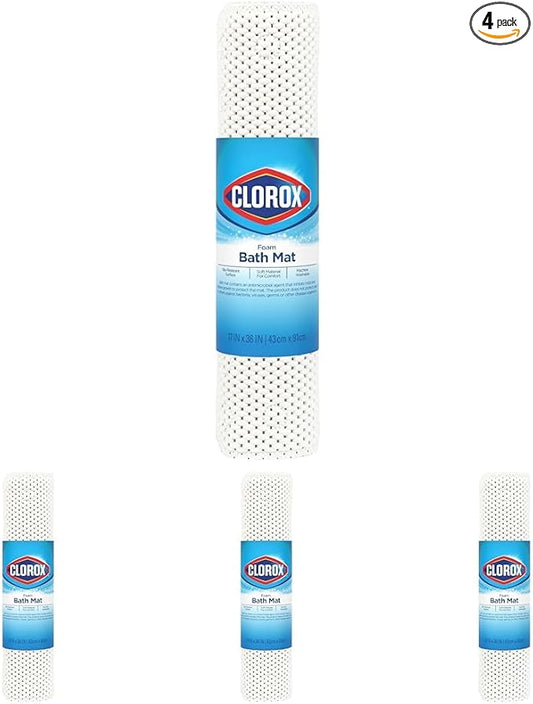 Duck Brand Clorox Cushioned Foam Bath Mat for Tubs, Non-Slip with Suction Cups, 17 Inches x 36 Inches, White (Pack of 4)