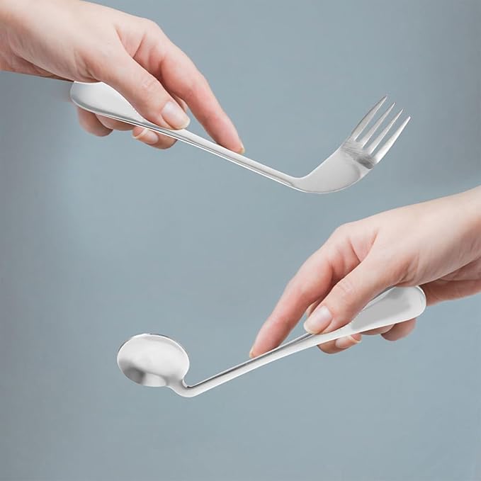 DOITOOL 4 Pcs Curved Feeding Utensils Set Angled Spoon and Fork Adaptive Tableware for Elderly Disabled Self-Feeding Non-Slip Grip Aids for Meal Assistance