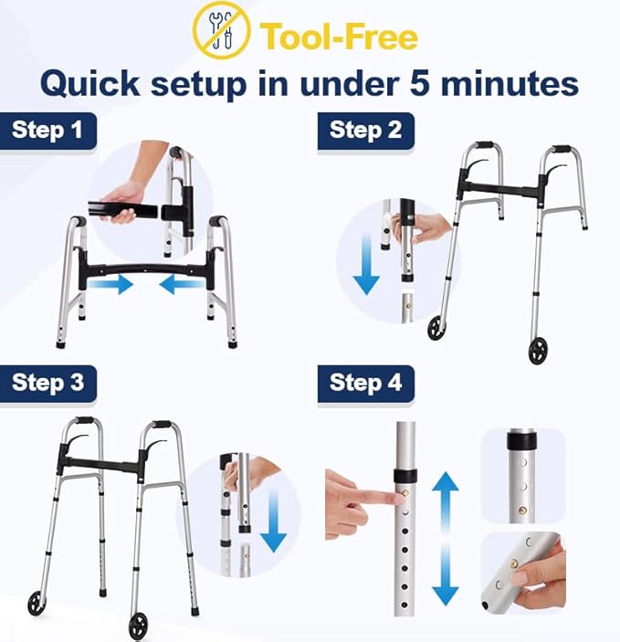 Folding Walker with 2 Precut Tennis Balls, Lightweight Walkers for Seniors with Wheels, Support Up to 350 lbs, Height Adjustable Standard Compact Walker & Ski Glides